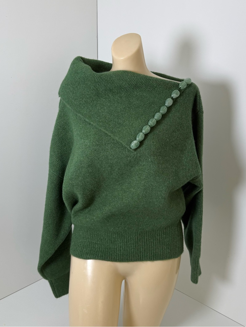 ZARA Green Asymmetric Lapel Knit Sweater with Resin Bead Detailing - Size S